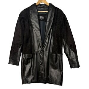 Comint Mixed Media Leather Suede Longline Car Coat Colorblock Art Wear M, 90s